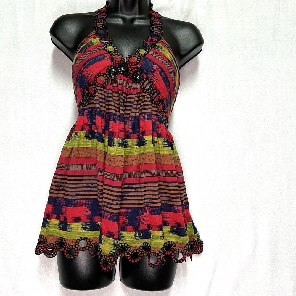 Moda International Cotton Halter Babydoll Top Boho Crochet Trim Eclectic Y2K Sml